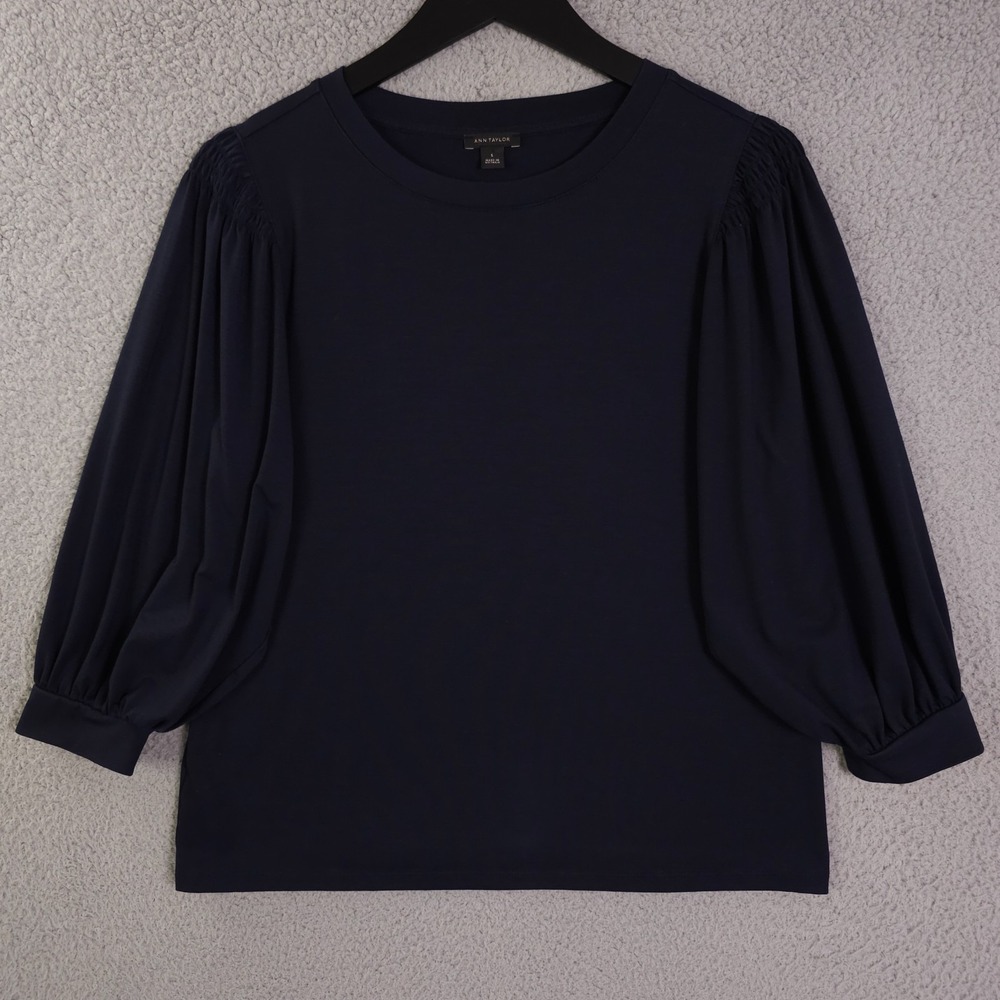 Ann Taylor Shirt Womens Small Blue Puff 3/4 Sleeve Smocked Shoulder Top Blouse